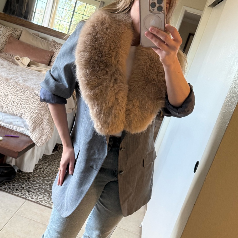 VINTAGE Yves Saint Laurent Light Blue + Tan Plaid Blazer + Removable Fur Collar - Picture 4 of 13